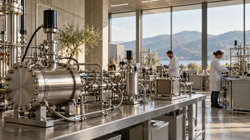 Laboratorio immaginario di ricerca energetica con apparecchiature sperimentali e ricercatori sullo sfondo.